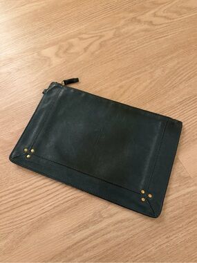 Jerome Dreyfuss Dark Green Leather Zip Clutch with Gold Studs
